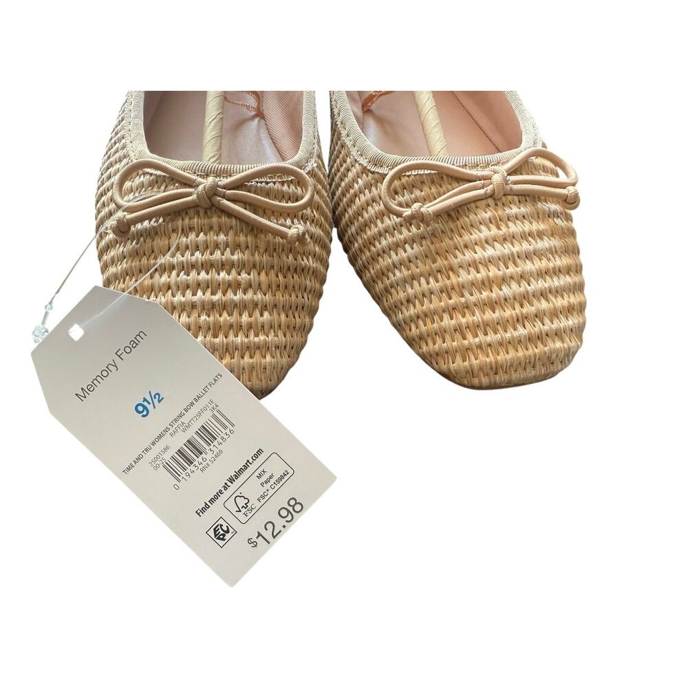 Time & Tru Raffia Bow Ballet Flats Olympia Beige Woven Women's 9.5 M Memory Foam - Picture 9 of 10
